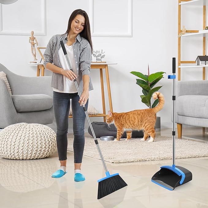 NACENA Broom and Dustpan Set, 52-in Long Adjustable Handle Broom Dustpan Combo with Dustpan Teeth to Automatically Clean Hair Suitable for Home Kitchen Office Hall Floor (Black&Blue), 2 Pack