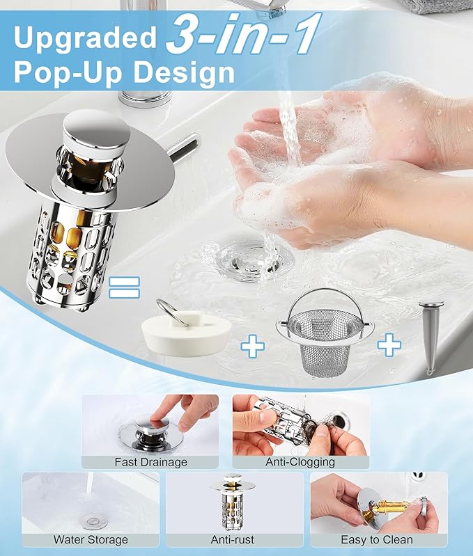 Upgraded Bathroom Sink Stopper – Universal Pop-Up Drain Plug with Anti-Clog Hair Catcher, Durable Stainless Steel & Silicone Seal, Fits Standard 1.1-1.5 Inch Sink Drains, Silver