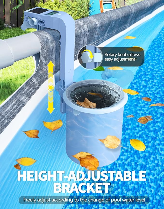 BluSwim Above Ground Pool Skimmer with Solar Digital Thermometer | Wall Mount Surface Skimmer - Auto Skimming Pool Floating Debris | 2 Upgraded Bracket - Stable & Height Adjustable - Purple
