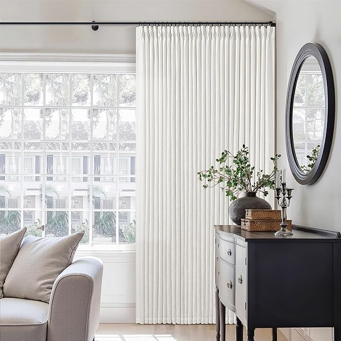 Beige White Linen Curtains 108 Inches Long 2 Panels Set for Living Room Neutral Boho Thick Linen Textured Pinch Pleated Memory Shape Light Filtering Ceiling Semi Sheer Window Curtain Hook Rings Ivory