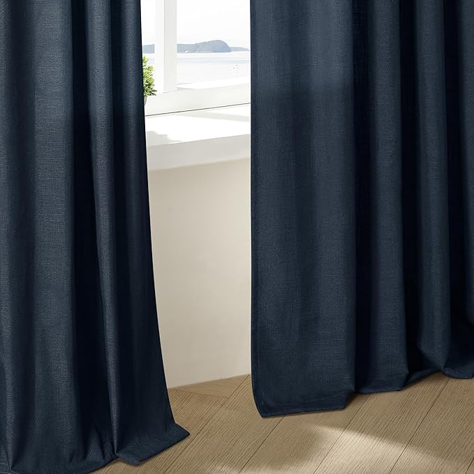 Navy 90 Inch Linen Curtains Pinch Pleated for Living Room Bedroom Dining Boho Modern Light Filtering Pinch Pleat Drapes Hooks Rings Back Tab Semi Sheer Dark Blue Indigo Window Curtains 2 Panels