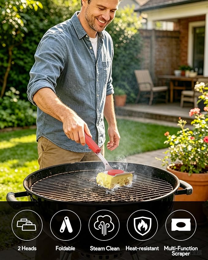 Grill Brush Bristle Free, Steam Grill Cleaning Brush with Scraper, One-Fit-All for All Grate Type, BBQ and Teppanyaki Accessories Cleaner for Outdoor, Two Replaceable Heads
