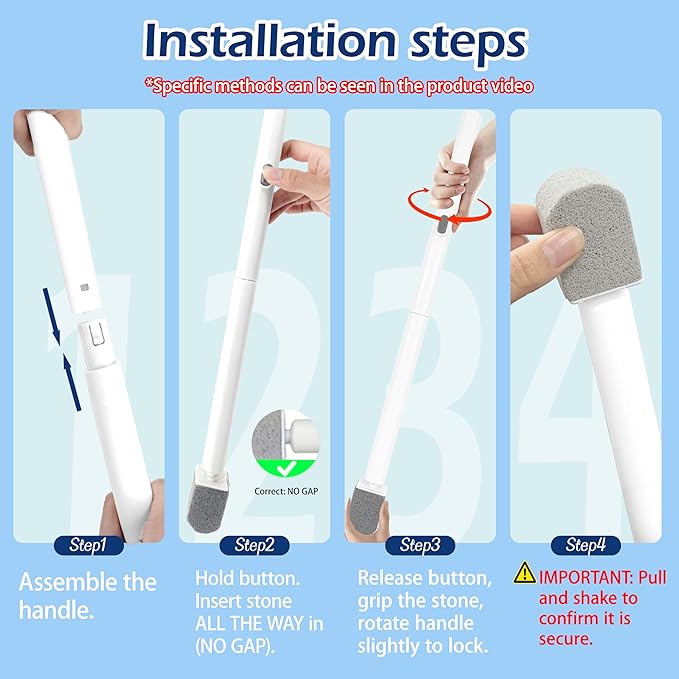Pumice Stone Toilet Bowl Cleaner with 20" Ultra Long Handle, Push-Button Replaceable Head Hard Water Ring Stain Remover for Bathroom, Bathtub, Pool, Kitchen Sink Cleaning, 3 Pack (gray)
