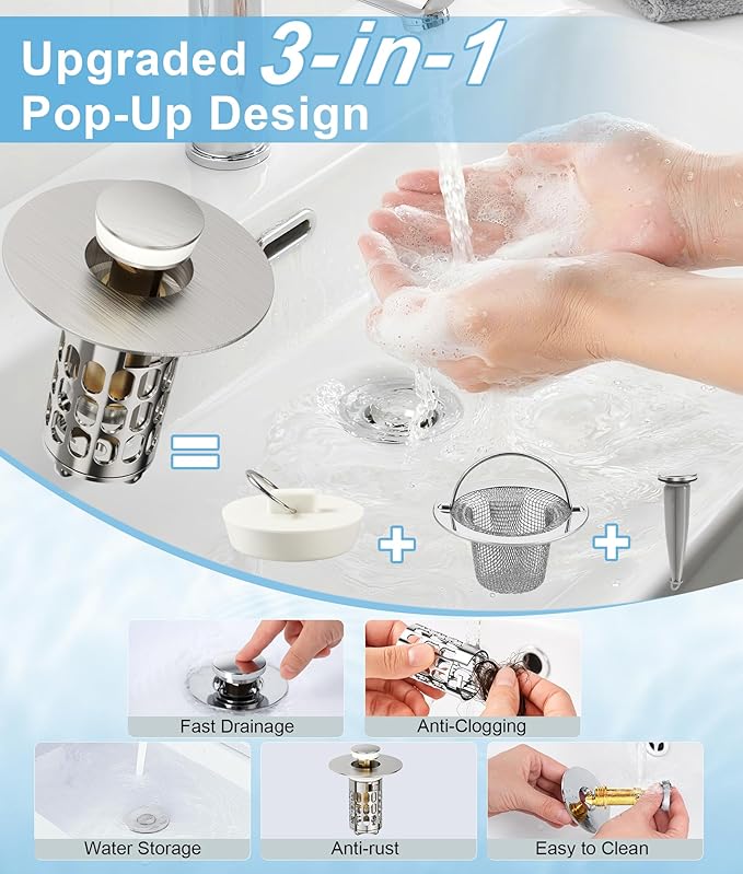 Upgraded Bathroom Sink Stopper with Hair Catcher - Universal Pop-Up Drain Plug, Stainless Steel & Silicone Seal for 1.1-1.5 Inch Drains,Brushed Nickel Finish (Brushed Nickel)