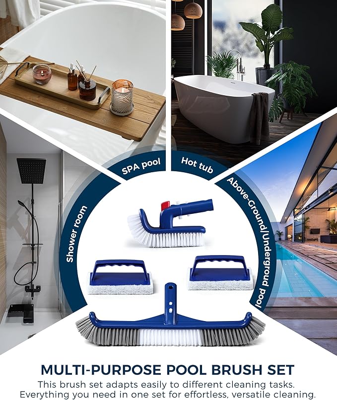 3-in-1 Full-Coverage Pool Brush Head Set - Includes 17.5" Long Brush, Rotatable Handheld/Extension Pole Brush, Sponge Brush, Durable Scrubber Brush Set for Pool Floors/Corners/Steps