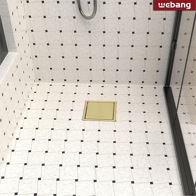 WEBANG 6 Inch Square Shower Drain Gold Floor Drain with Flange Reversible 2-in-1 Cover Tile Insert Grate Removable SUS304 Stainless Steel CUPC Certified Brushed Gold