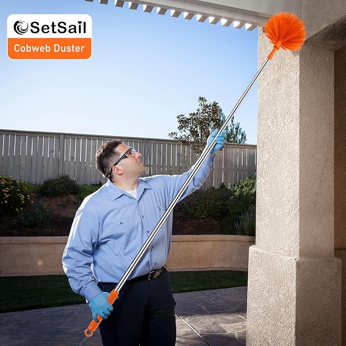 SetSail Cobweb Duster with Extension Pole, Retractable Dusters for Cobweb Cleaning 81-inch Long Handle Spider Web Brush for Outdoor Indoor High Ceilings Fan, Orange