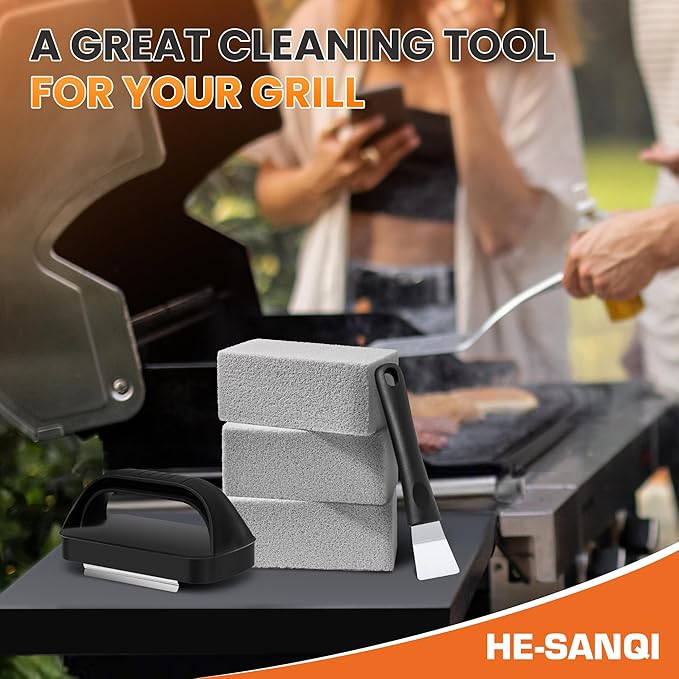 Grill Brick for Cleaning Flat Top, Heavy Duty Grill Stone Cleaning Block with Handle & Scraper, Griddle Cleaner, Pumice Stone for Removing Stubborn Grease, Rust (5 PCS)