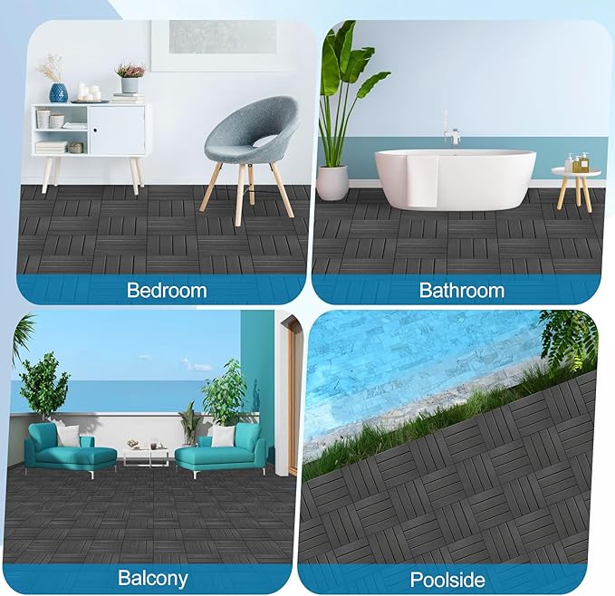 ToLanbbt Plastic Interlocking Deck Tiles 9 Pack 12"x12" Waterproof Indoor Outdoor Composite Patio Flooring Decking Tiles All Weather Use for Patio Porch Balcony Backyard Poolside, Dark Grey