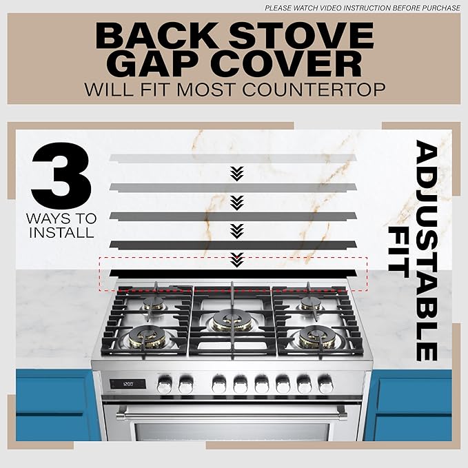 Expandable Rear Stove Gap Cover for Slide-In Ranges – Stainless Steel, Black Powder Coated – Adjustable Up to 32″ – Dual Install Options (1.5 inch WIDE)