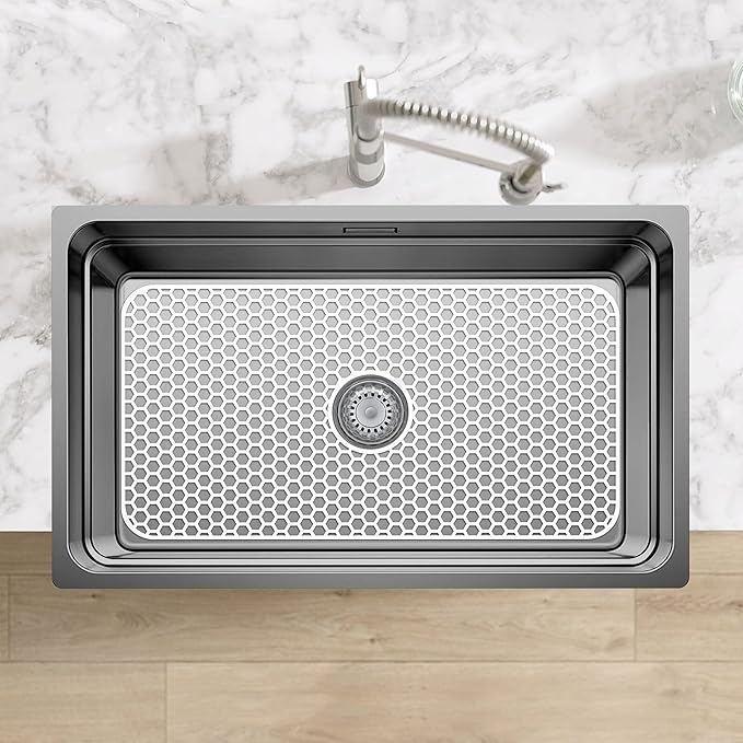 Silicone Sink Protectors for Kitchen Sink with Center Drain - 29.7"x 15.5" Kitchen Protector Accessory, Non-Slip Heat Resistan Mat for Bottom of Farmhouse Stainless Steel Porcelain (White)