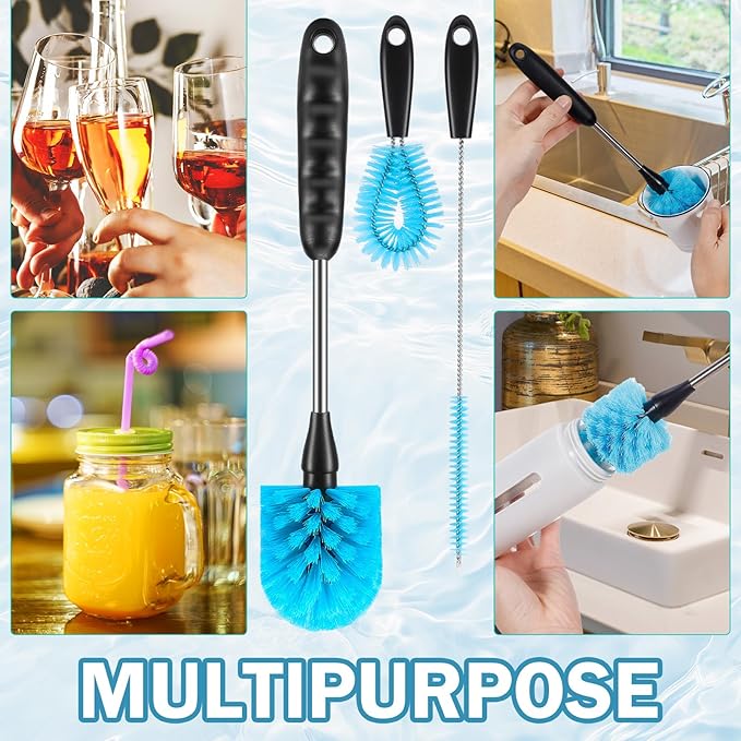 12.2 inch Bottle Brush Set of Three,Washable Coffee Cups, Water Bottles, Baby Bottles, Straws, to-go Cups, Long-Handled 3-in-1 Stainless Steel Bottle Brushes.