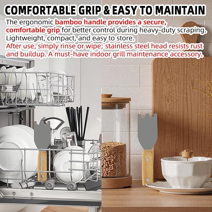 TonGass Bamboo Grill Scraper with Stainless Steel Head Compatible with George Foreman 1925B01B Grill Spatula for George Foreman & Most Other Indoor Grills with Grooves, Heat-Resistant & Durable