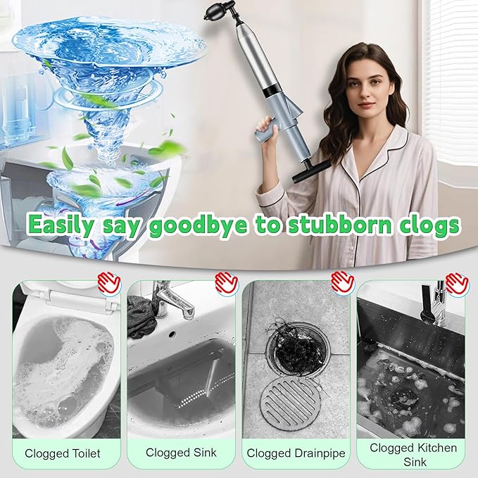 High Pressure Toilet Plunger, Toilet Snake Air Drain Blaster with Real -Time Barometer, Heavy Duty Drain Clog Remover for Bathroom, Floor, Shower, Kitchen Clogged (Gery-Manual)