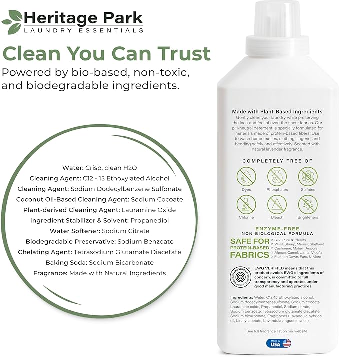 Heritage Park Silk & Wool All-Natural Lavender Mist Scent, pH-Neutral Laundry Detergent - Enzyme-Free, Concentrated Up to 64 loads (32 fl oz)