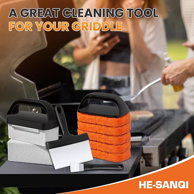 Griddle Cleaning Kit for Blackstone, Flat Top Grill Cleaning Kit with Griddle Scraper, Grill Brick, Scouring Pads & Ergonomic Handles to Remove Grease, Burnt Residue (11 PCS)