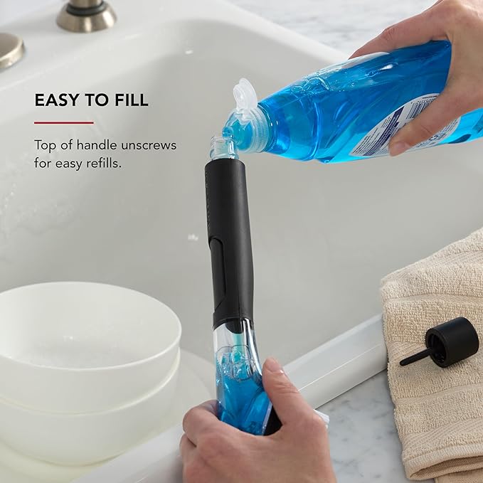 KitchenAid Soap Dispensing Sink Brush with Easy to Fill Handle, Nylon Bristles for Tough Cleaning, Comfort Grip Handle for Non Slip Grip, Black (Pack of 12)