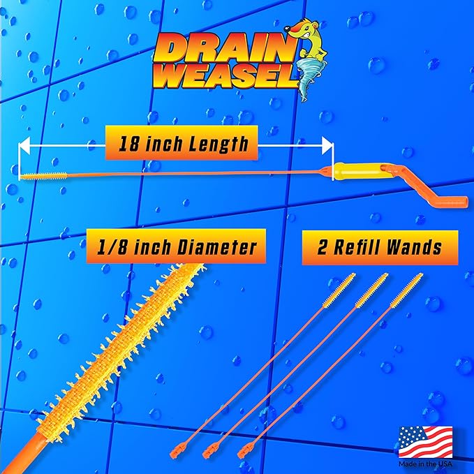 FlexiSnake Drain Weasel Sink Snake Hair Clog Remover Tool Kit, Sink, Pipe, Bathroom, Bathtub Drain Cleaner, 18-inch Long, Flexible, Made in The USA, 3 Pack Wand Refills and Removable Handle