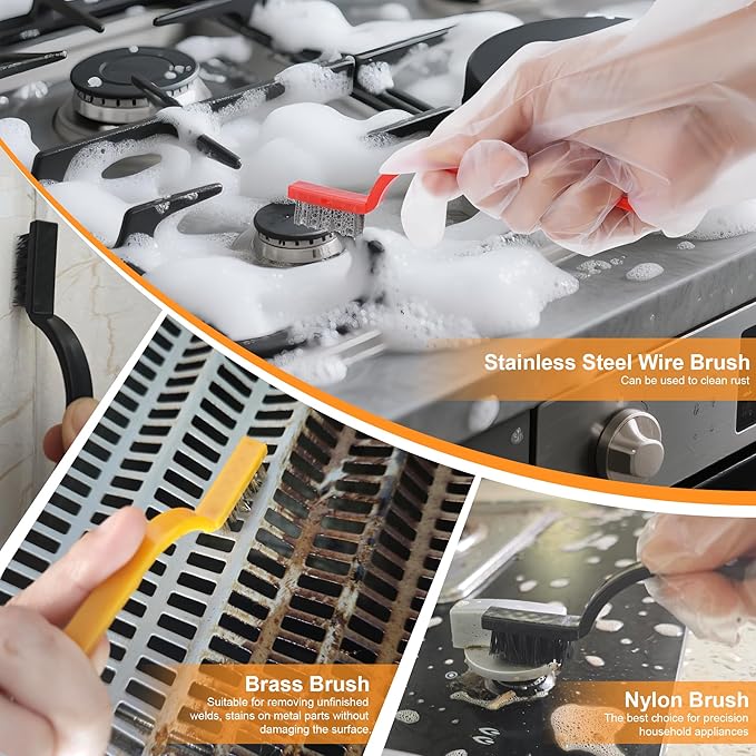 Razor Blade Scraper with 10pcs Blades and 3Pcs wire brushes,Scraper Tool for Cleaning Glass Window, Cooktop, Oven, Stove, Scraper with Buit-In Blade Storage, Upgraded Lock Mechanism, Orange