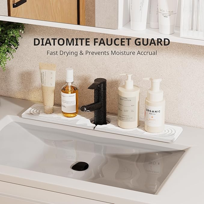 Quick Dry Sink Splash Guard - 15.8" Instant Dry Diatomaceous Earth Sink Faucet Mat for Kitchen and Bathroom Faucets - Highly Absorbent Faucet Mat, White