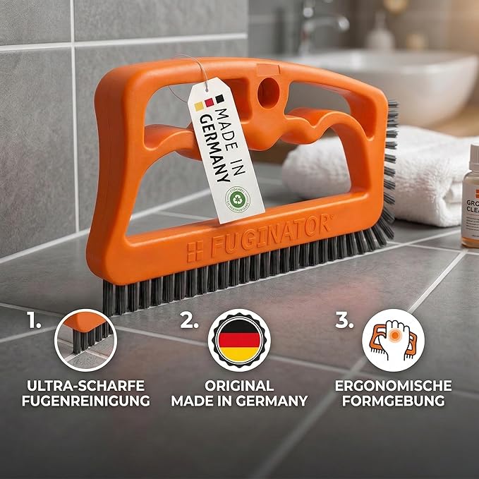 FUGINATORยฎ Grout Brush Orange/Gray - Ergonomic Heavy Duty Cleaning Brush for Bathroom, Shower & Kitchen - Deep Detail Scrubber for Wall & Floor Tiles, Crevices & Tight Spaces - Made in Germany