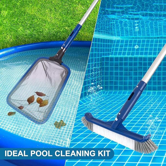 Pool Cleaning Kit, 14.5'' Pool Brush Head & Ultra Fine Mesh Pool Skimmer Net with Pole, Aluminum Frame Pool Net Skimmer & Pool Brush with Pole,Pool Net & Pool Brushes for Cleaning Pool Walls with Pole