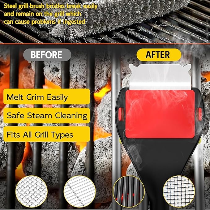 Bristle Free Grill Brush with Scraper, 4 Cleaning Head BBQ Grill Cleaning Brush, Dishwasher-Safe Grill Cleaner Tool for Gas,Charcoal,Ceramic
