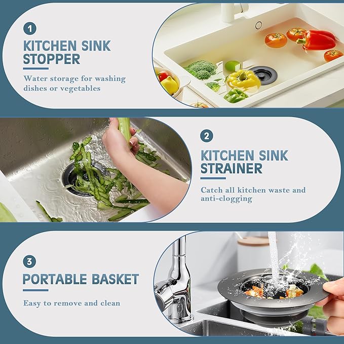 Kitchen Sink Drain Strainer 3 Pack, 304 Stainless Steel Pop Up Sink Stopper, Anti-Clogging Sink Drain Strainer for US Standard Kitchen Drain (Gunmetal Gray)