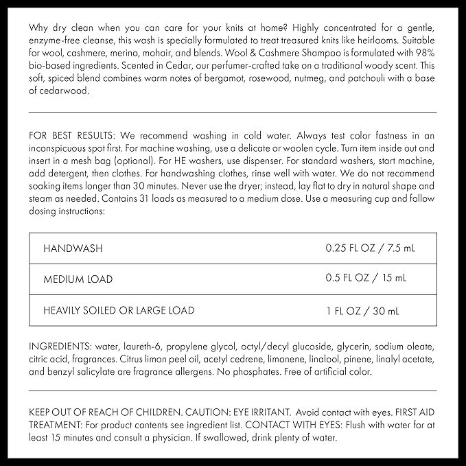 The Laundress Wool & Cashmere Shampoo, 31 Loads, Concentrated Liquid Laundry Detergent, Cedar Scent, Gentle Cold-Water Hand or Machine Wool Wash for Delicate Fabrics - Merino, Mohair & Knit Blends