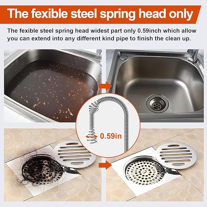 Drain Snake, 25ft Flexible Steel Drain Auger With Drill Adapter, Plumbing Unblocking Hand Auger, Manual Or Powered for Shower & Bathtub Clogs-No auto retract or feed (Orange)