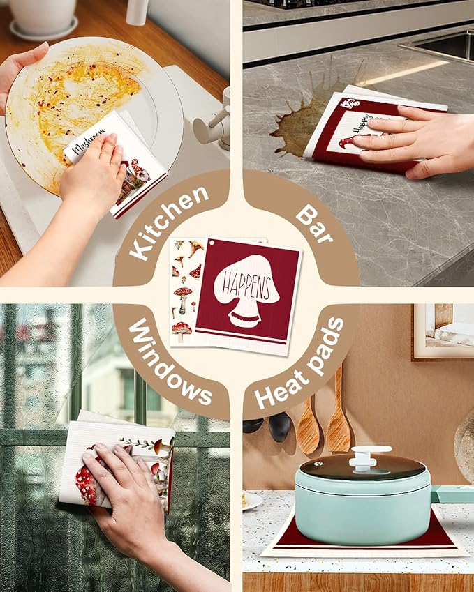 Miss Adola Kitchen Swedish Dishcloths with Hooks - 6 Pack Reusable Dish Cloths for Washing Dishes Fast Drying Cute Fun Swedish Dish Towels Washable Cleaning Sponge, Red Swamm