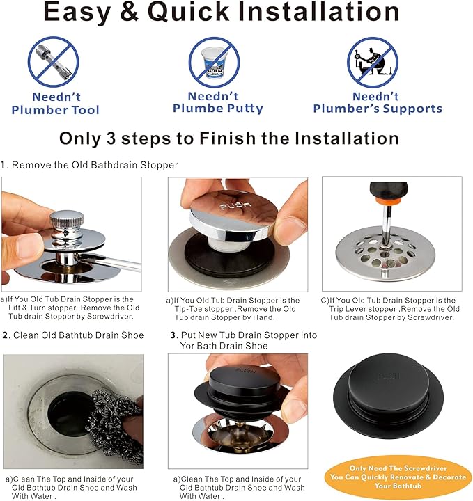 Artiwell Universal Tip Toe Bath Drain Stopper and Cover, Bathtub Drain Stopper, Replaces Lift and Turn, Tip-Toe and Trip Lever drains for Tub, EZ Installation and Clearing (MATT Black)