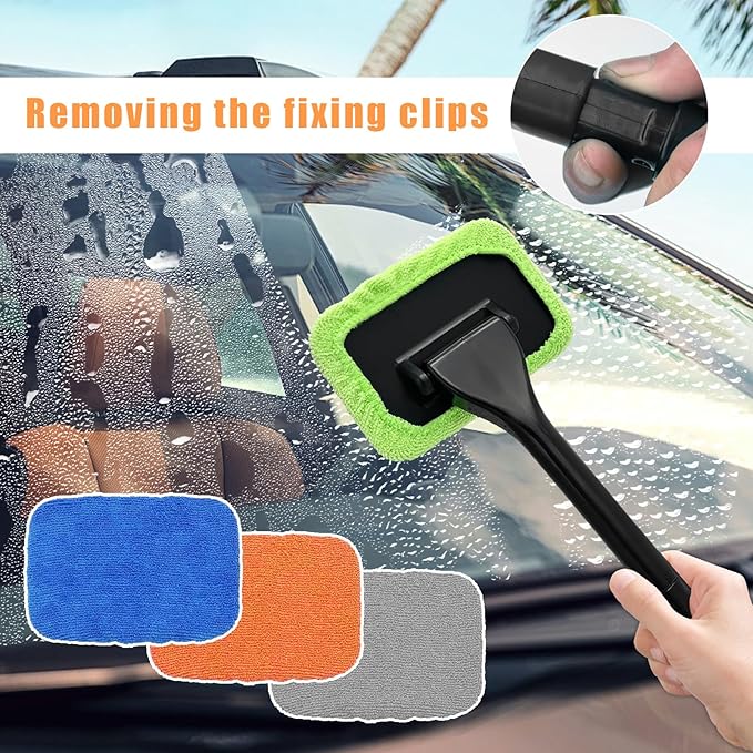 Car Windshield Cleaning Tool, Microfiber Window Cleaner with 4 Washable and Reusable Cloth Pad & Long Handle, Auto Glass Wiper Cleaning Kit with Spray Bottle, Car Accessories