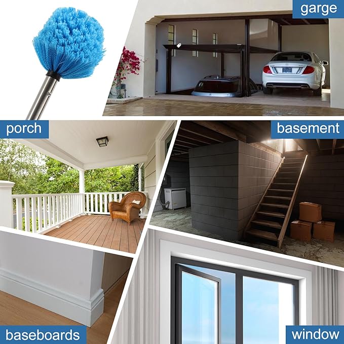 Cobweb Duster with Extension Pole, 6FT Adjustable Stainless Steel Handle & 360° Flexible Duster Head, Lightweight Washable Web Brush for High Ceiling - Indoor Outdoor Use