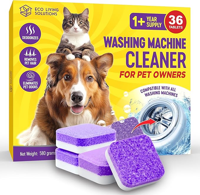 Washing Machine Cleaner Tablets for Pet Owners, 36 Pack, Front&Top Load Washer Deep Cleaning, HE & Septic Tank Safe, Remove Pet Hair, Eliminates Smells, Prevents Dander Build-up