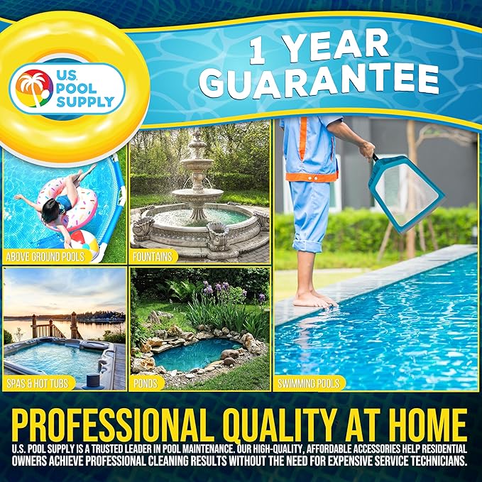 U.S. Pool Supply Pool Skimmer Net - Leaf Rake Fine Mesh Pool Skimmer Net, Rubber Scoop Edge, 13" Deep Leaf Bag, Aluminum Pole Handle - Skim Surface Leaves, Clean Spa Hot Tub Pond Inground Above Ground