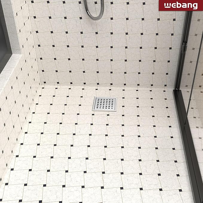 WEBANG 4 Inch Square Shower Floor Drain with Flange,Quadrato Pattern Grate Removable,Food-Grade SUS 304 Stainless Steel,Watermark&CUPC Certified,Brushed