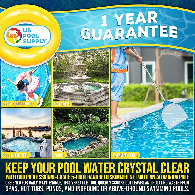 U.S. Pool Supply Pool and Spa Skimmer Net with Pole, Handheld Fine Mesh Pool Leaf Skimmer Net - Hand Held Spa, Hot Tub, Pond Cleaning - Step-Up 32" to 5 Feet Long, 5" Deep Netting, Scoop Skim Leaves