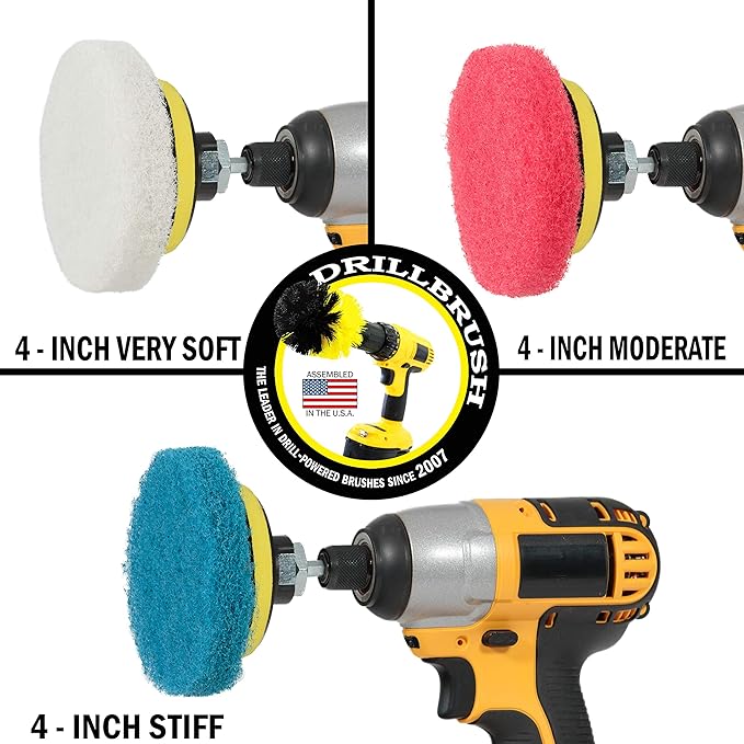 14 Piece Drillbrush Bundle - Stiff and Medium Stiffness Brushes - Pool Cleaning - Deck Scrub Brush - Drill Attachment Brush - Drillbrush Pads