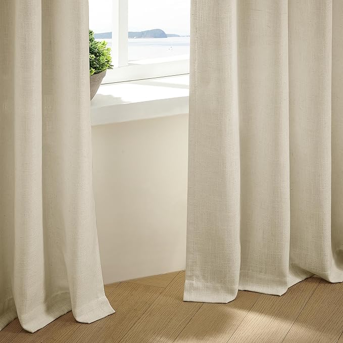 Beige Linen Pinch Pleated 120 Inch Curtains 2 Panels for Living Room Bedroom Memory Training Shape Semi Sheer Neutral Flax Pinch Pleat Drapes with Hooks Rings Light Filtering Window Curtain 40x120