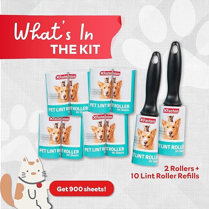 XFasten Lint Rollers for Pet Hair - Extra Sticky (900 Sheets/10 Refills/2 Upgrade Handles) Heavy Duty Portable Lint Remover Brush for Clothes, Dog Cat Furniture
