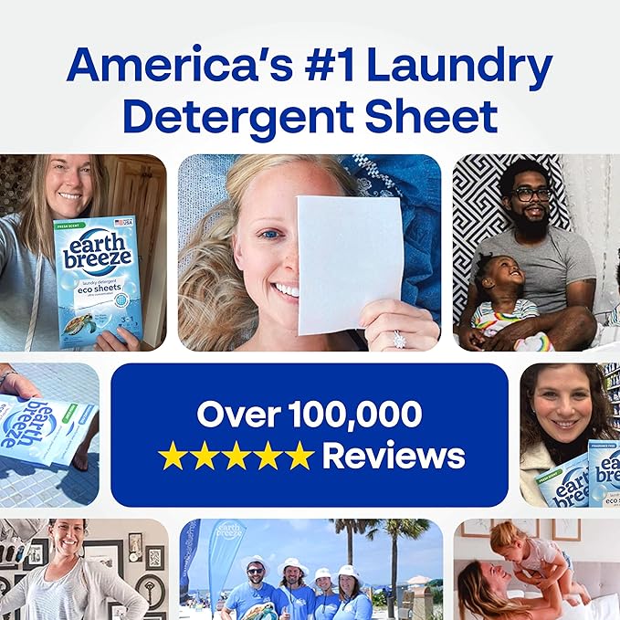 Earth Breeze Laundry Detergent Sheets River Rain - 60 Loads - Eco Laundry Sheets - Travel Laundry Detergent Soap Sheets for Hot & Cold Cycles - Tackles Tough Stains & Odors - Gentle on Skin, 30 Ct
