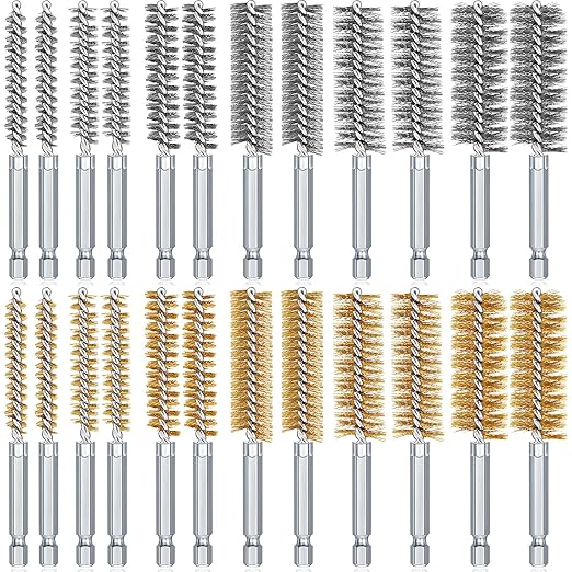 24 Pieces Bore Brush for Drill Wire Bore Brush Set Wire Cleaning Set Stainless Steel Cleaning for Power Drill Impact Driver (Stainless Steel,Brass)