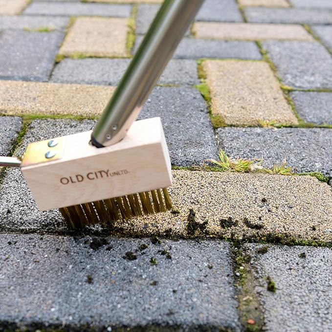 Moss Remover Deck Crevice Cleaning Tool with Pole Includes 2 Paver Brushes, Tool for Weeding Between Pavers, Wire Brush with Weed Hook, Deck Cleaner, Crack Weeder, Patio Weed Remover Tool