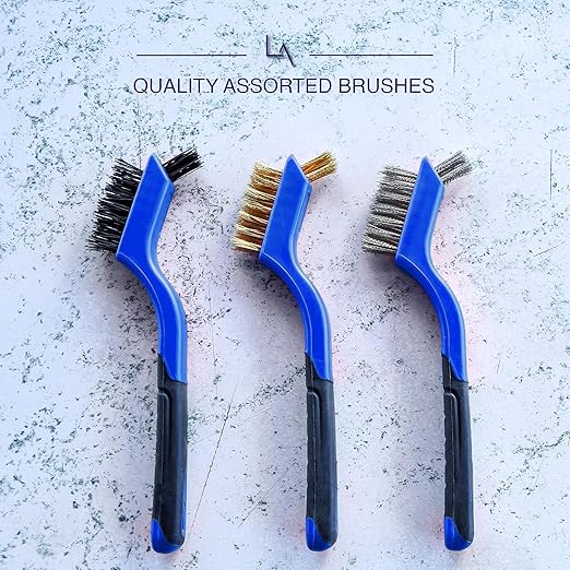 Wire Brush Set 3Pcs - Nylon/Brass/Stainless Steel Bristles with Curved Handle Grip for Rust, Dirt & Paint Scrubbing with Deep Cleaning – 7 Inches (Blue)