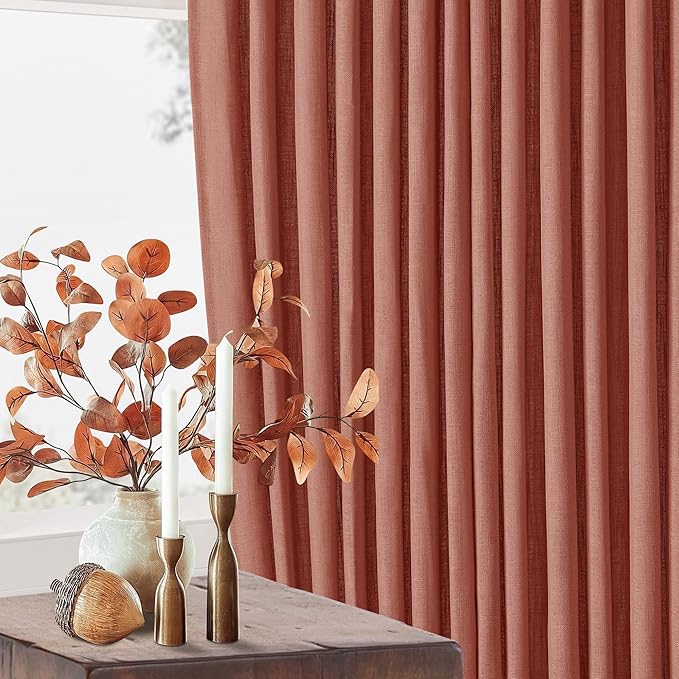 Farmhouse Terracotta Linen Curtains 102 Inches Long for Living Room Pinch Pleated Drape with Hooks Rings for Track System Light Filtering 102 Inch Curtain for Bedroom Sliding Patio Door 2 Panels