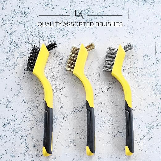 Wire Brush Set 3Pcs - Nylon/Brass/Stainless Steel Bristles with Curved Handle Grip for Rust, Dirt & Paint Scrubbing with Deep Cleaning – 7 Inches (Yellow)