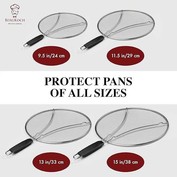 BergKoch Splatter Screen for Frying Pan - 13 Inch Stainless Steel Grease Splatter Guard - Cover Oil Splash when Sizzling Bacon, Cooking Fried Chicken or Popcorn