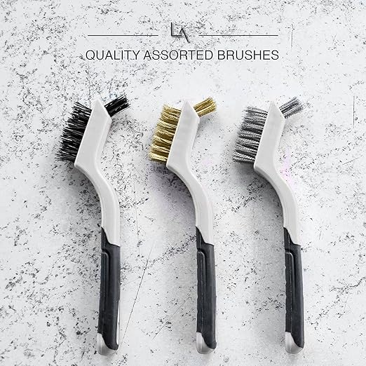 Wire Brush Set 3Pcs - Nylon/Brass/Stainless Steel Bristles with Curved Handle Grip for Rust, Dirt & Paint Scrubbing with Deep Cleaning – 7 Inches (Grey)