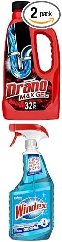 Drano Max Gel Drain Clog Remover & Windex Glass Cleaner - Includes 1 32 oz bottle of Drano Drain Clog Remover + 1 23 oz spray bottle of Windex Glass Cleaner